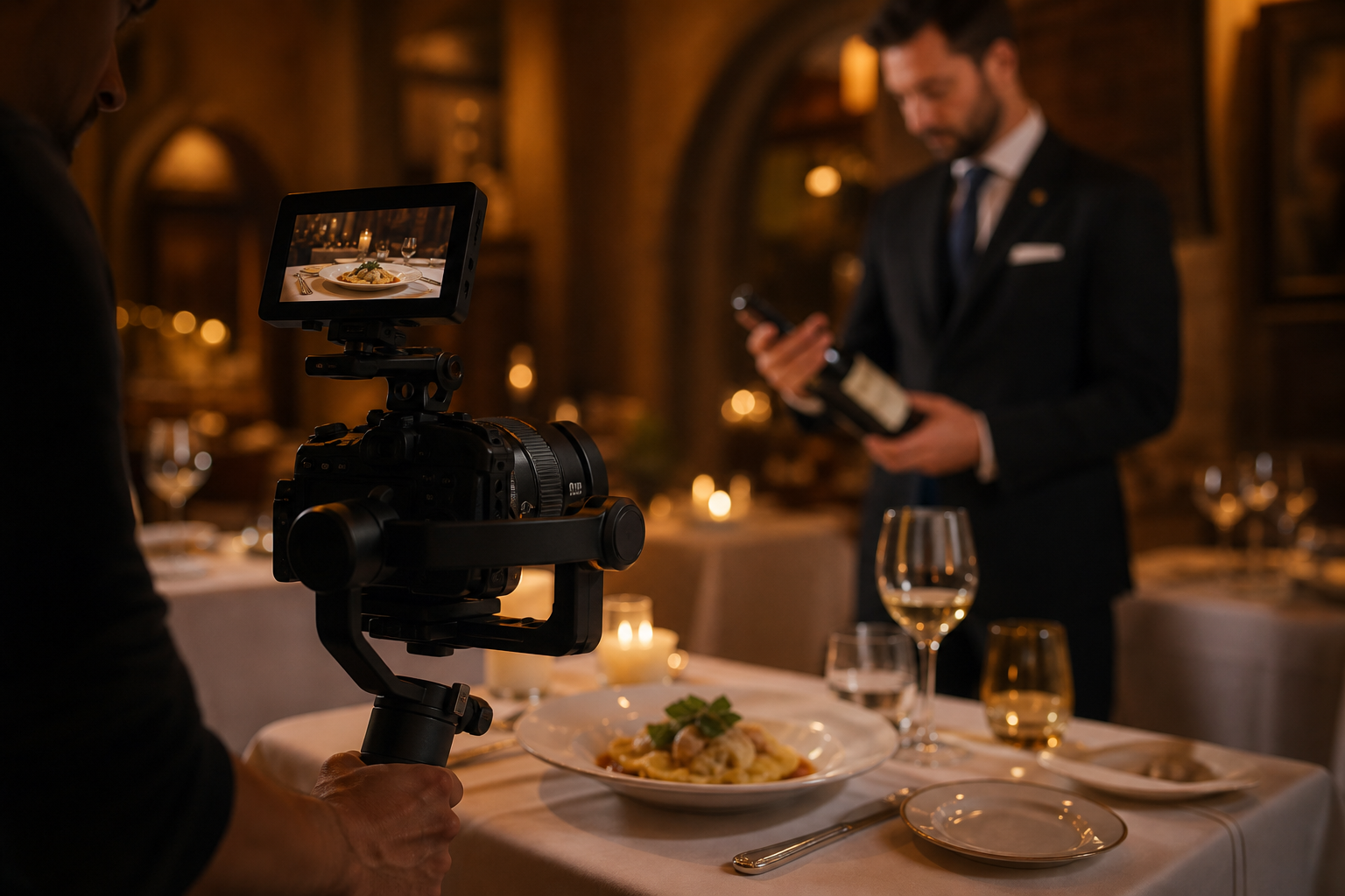 Film camera in ristorante elegante